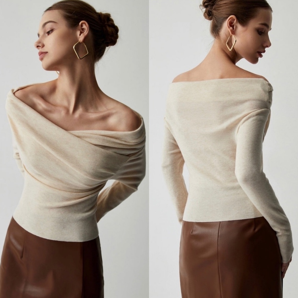 Luxurious cream nude Off the shoulder wrap soft knit long sleeve stretchy top